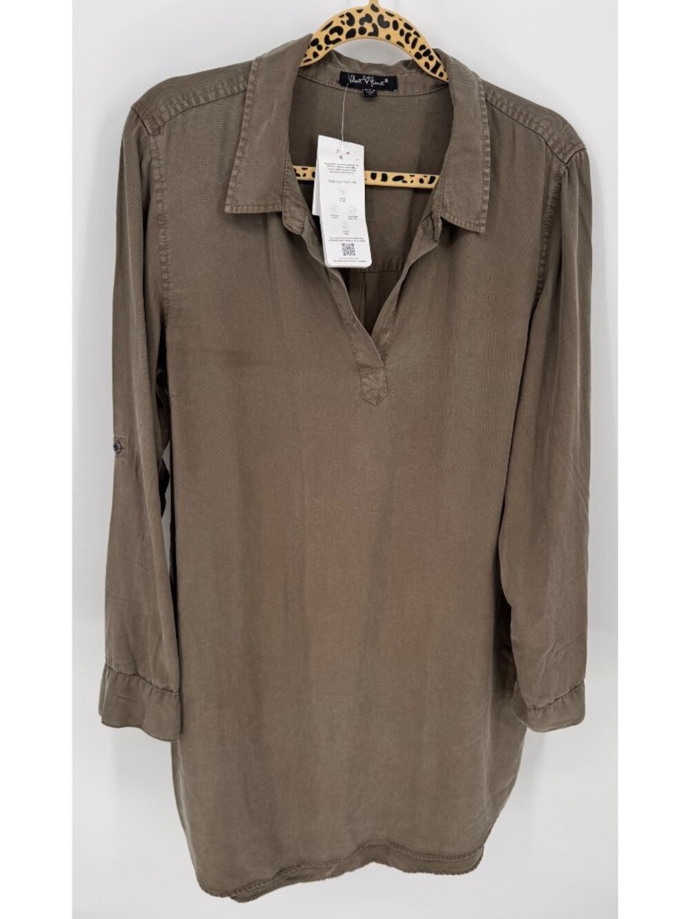 Velvet Heart Womens Olive Green Long Roll Tab Sleeve Tunic Shirt Dress Size L